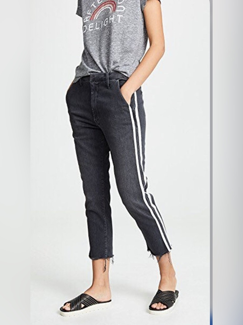 MOTHER The Shaker Prep Fray Jeans Dear Mr Black Racer Side Stripe Black Size 28